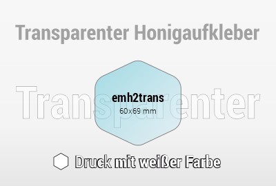 Transparente Honigetiketten, sechseckig, gerundet 62x61 mm - weißer Druck